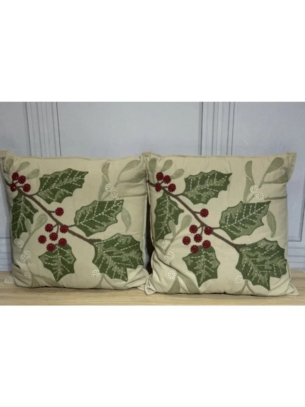 2 Pier 1 Embroidered Christmas Holiday Throw Pillows Holly Berry 18